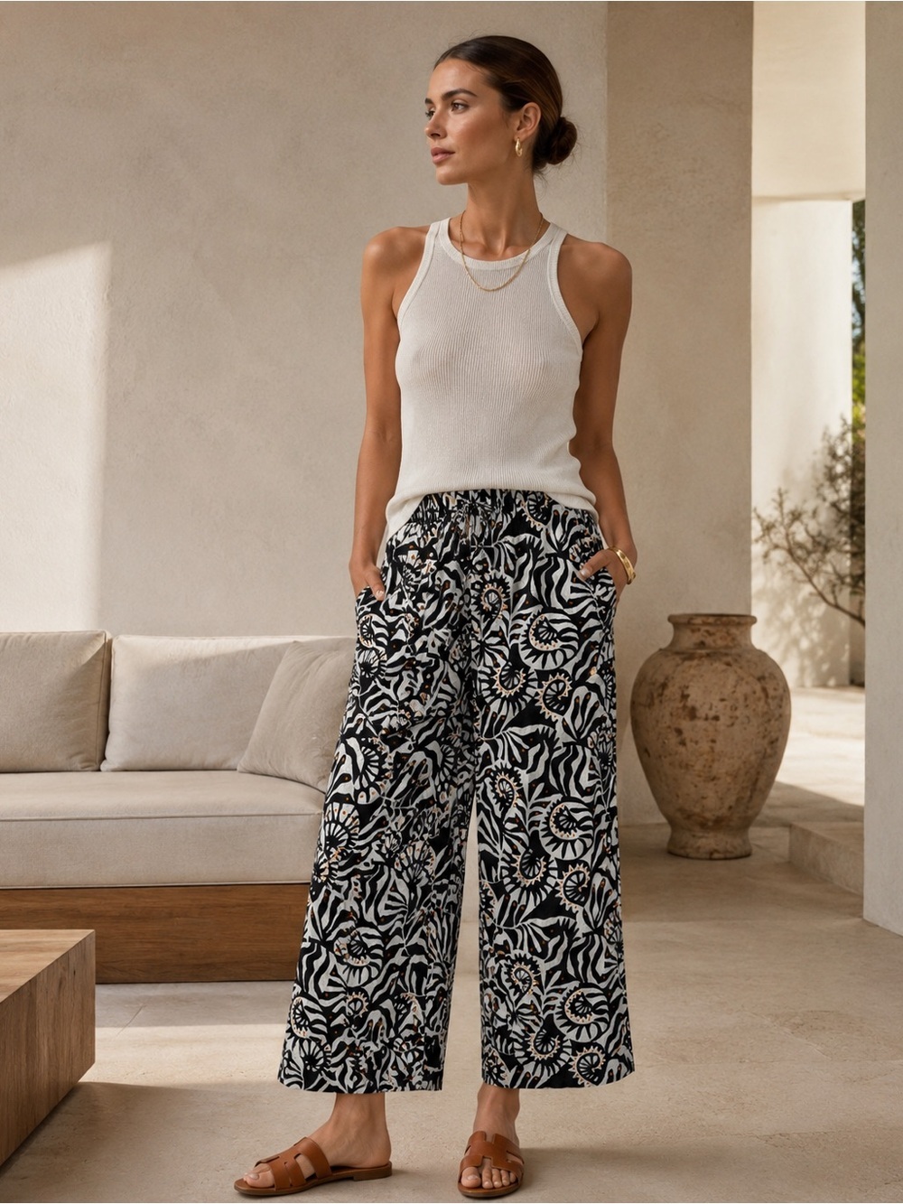 Nicole Miller New York 100% Linen Wide Leg Crop Pants Abstract Print Size Small